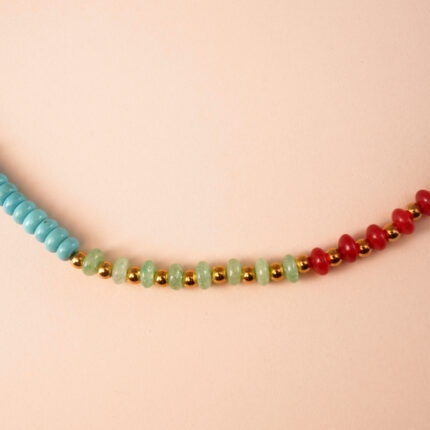 Close-up of multicolor gemstone beads including turquoise, tiger eye, and chalcedony