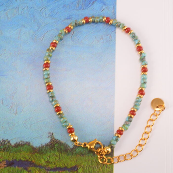 Boho-style turquoise bracelet with red agate in a peaceful lifestyle setting