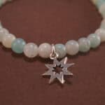 Close-up of amazonite bracelet with silver beads.