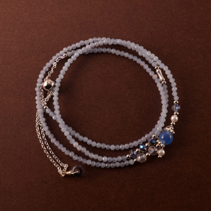 Multi-functional aquamarine necklace that doubles as a triple-wrap bracelet.