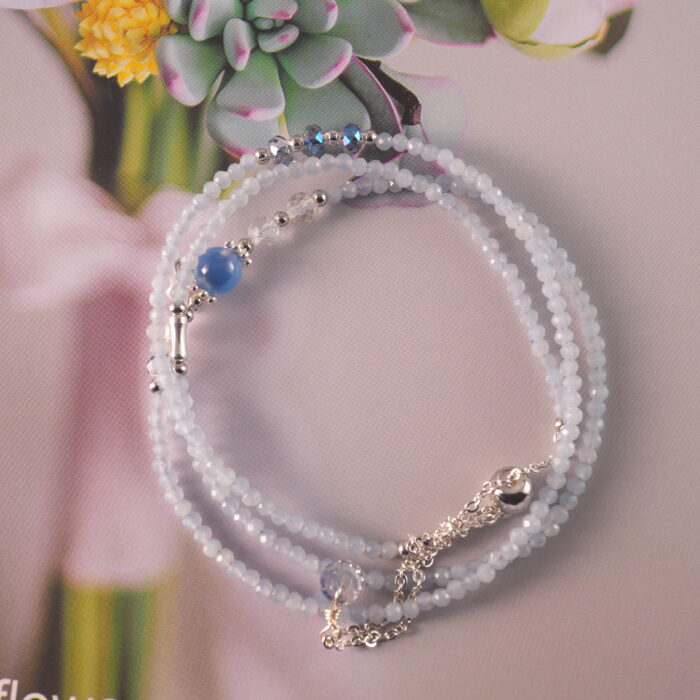 Full view of the aquamarine necklace in its extended layout.