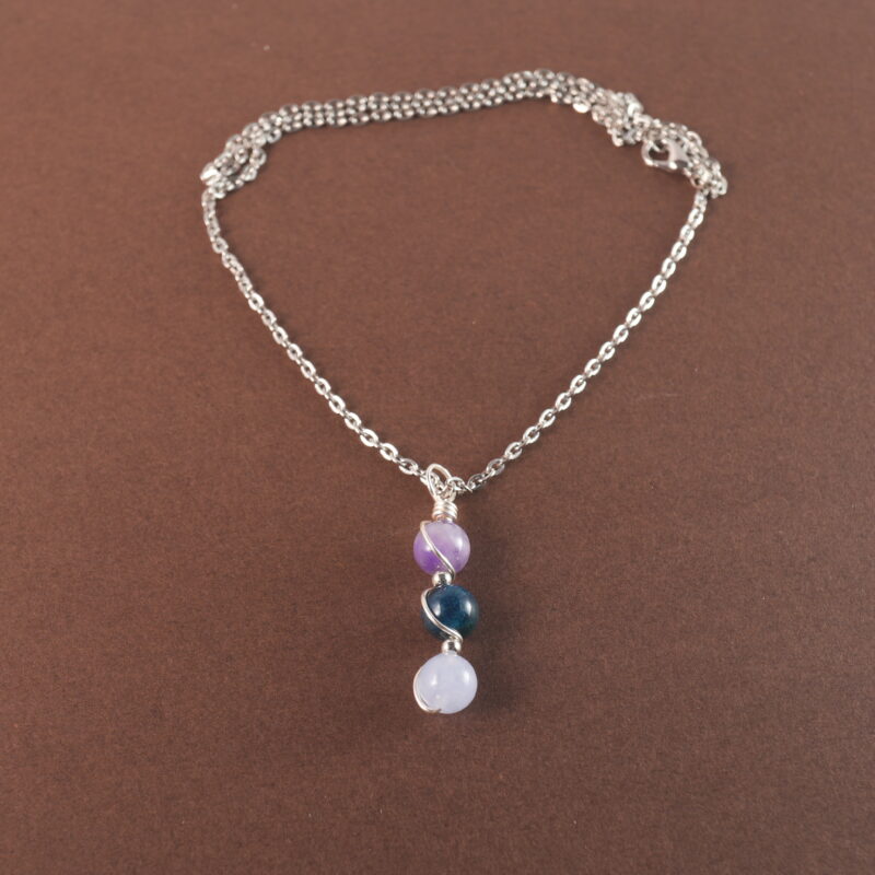 Aquarius zodiac necklace with amethyst, blue apatite, and aquamarine gemstones.