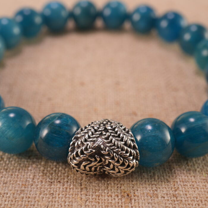Close-up of blue apatite bracelet with S925 silver details.