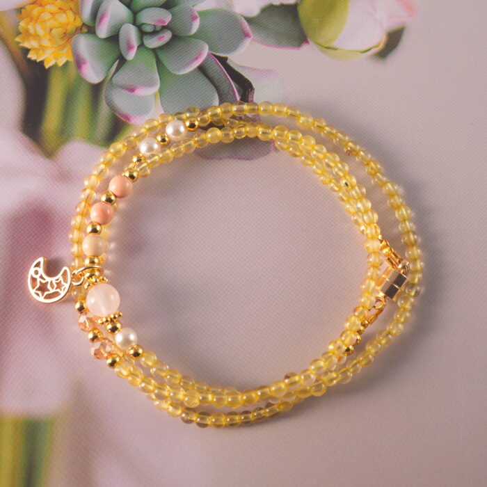 Flat-lay view of the full-length necklace showing bead layout and overall color harmony.