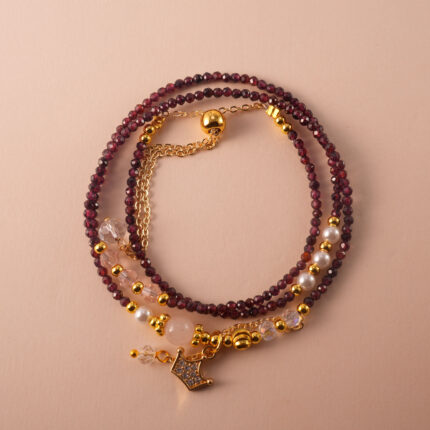 Deep red Garnet beaded multi-use necklace, designed to wrap elegantly as a bracelet.
