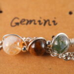 Close-up of Gemini necklace showing moss agate, tiger eye, and citrine beads.