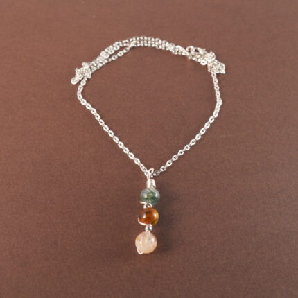 Gemini zodiac necklace with moss agate, tiger eye, and citrine gemstones.
