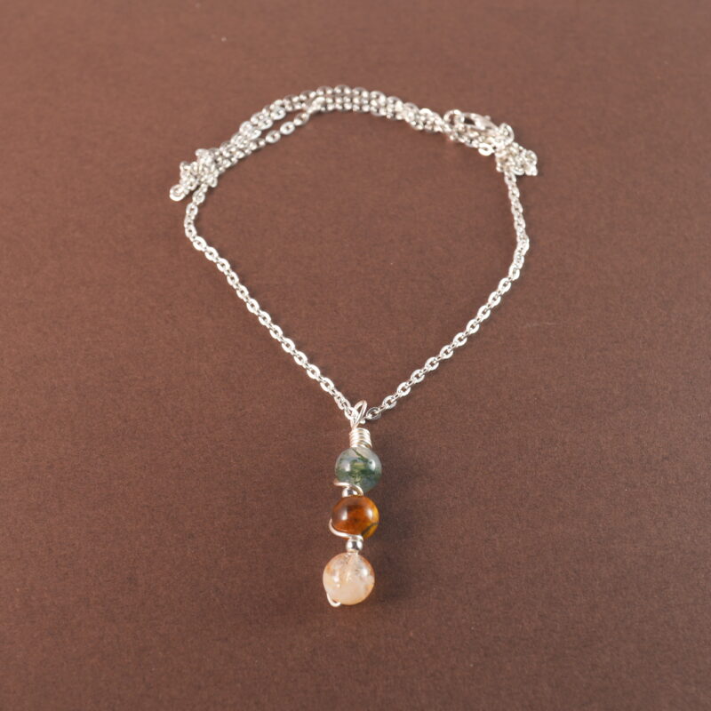 Gemini zodiac necklace with moss agate, tiger eye, and citrine gemstones.