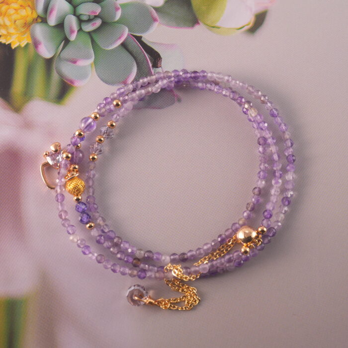 Amethyst wrap bracelet fully extended, showing full length and necklace-to-bracelet versatility.