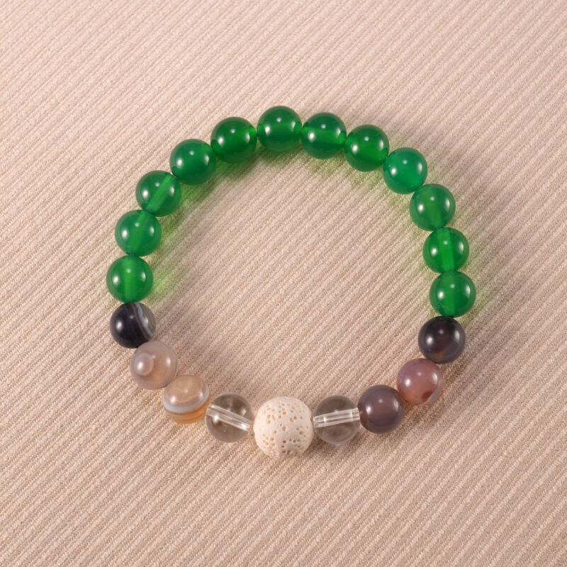 Handmade lava stone bracelet with green agate, banded agate, and clear quartz beads – stylish and grounding.
