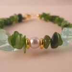 Close-up of jade, pearl, and aquamarine beads showing their natural textures and high-quality craftsmanship.