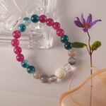 Detailed image of bracelet made with grounding lava stones, soft blue chalcedony, banded agate, and clear quartz.