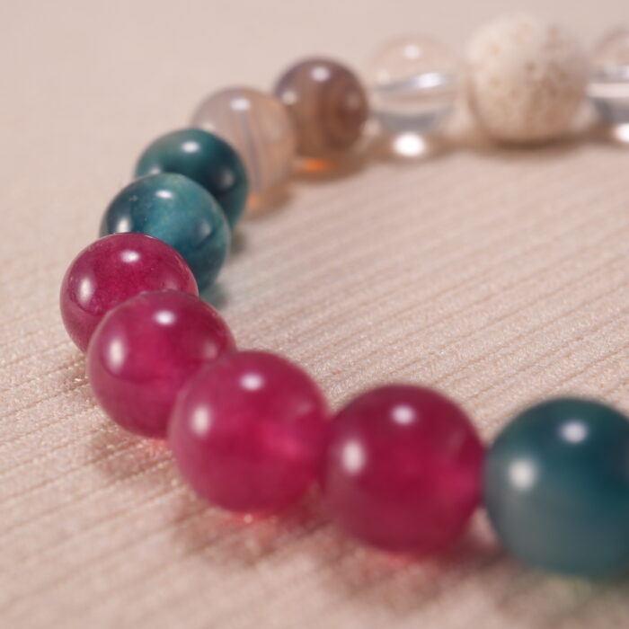 Close-up view showing texture of lava stone beads and polished surface of chalcedony, agate, and quartz.