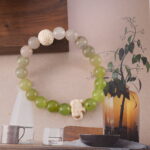 Close-up view highlighting the texture of Lava Stone and the polished surface of Chalcedony beads.