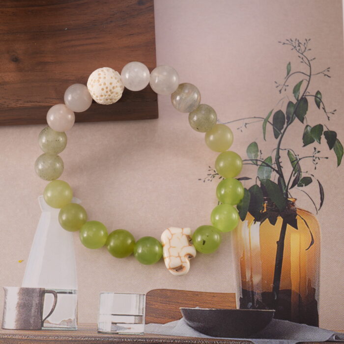 Close-up view highlighting the texture of Lava Stone and the polished surface of Chalcedony beads.