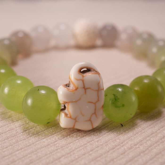 Macro shot of Green Chalcedony and White Chalcedony beads with visible natural inclusions.