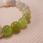 Macro shot of Green Chalcedony and White Chalcedony beads with visible natural inclusions.