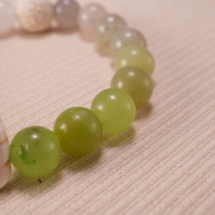 Macro shot of Green Chalcedony and White Chalcedony beads with visible natural inclusions.