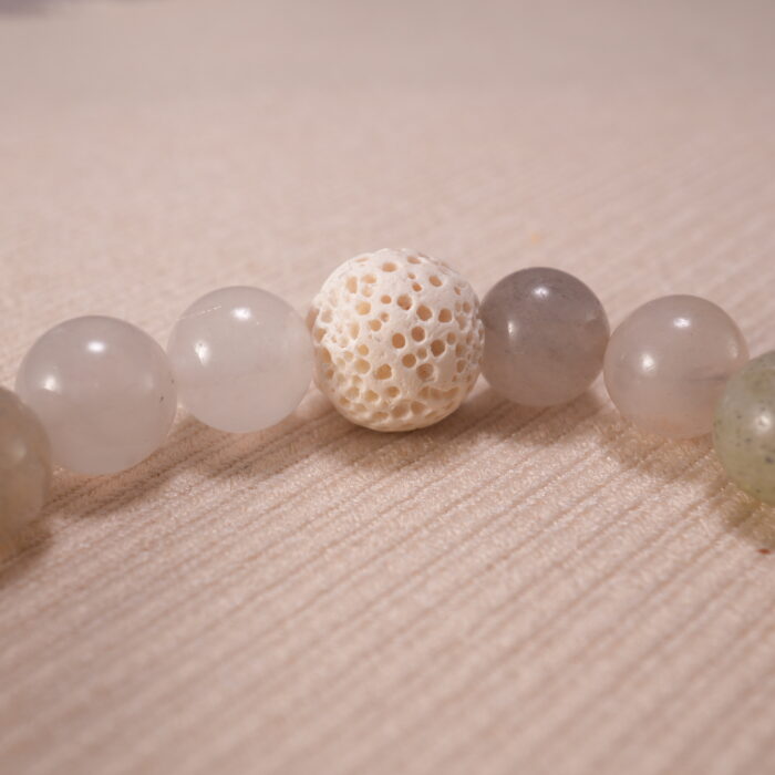 Macro shot of Green Chalcedony and White Chalcedony beads with visible natural inclusions.