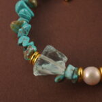 Close-up showing the texture and subtle luster of turquoise, pearl, and aquamarine beads.