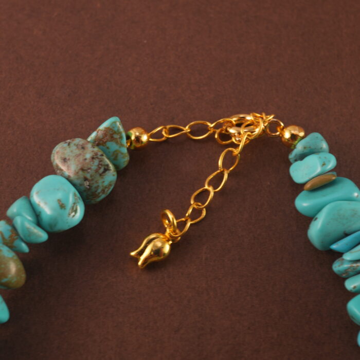 Close-up showing the texture and subtle luster of turquoise, pearl, and aquamarine beads.
