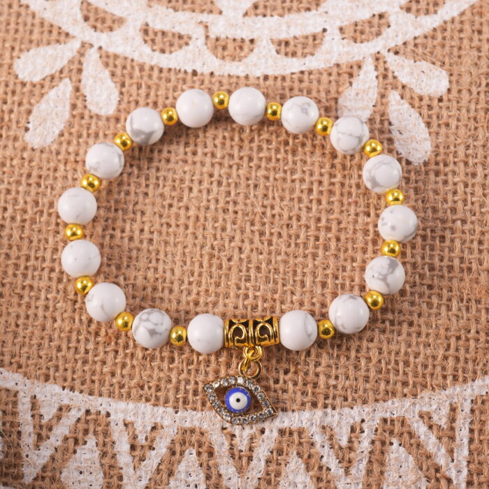 Howlite evil eye bracelet in daylight showing clean tones.