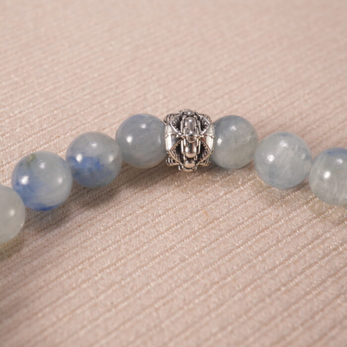 Close-up of kyanite and red agate bracelet with vivid colors.