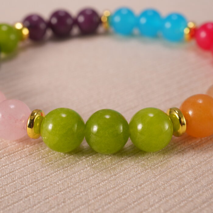 Close-up of multi-gemstone bracelet featuring colorful beads.