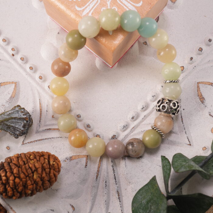 Multicolor amazonite bracelet in natural light showing soft pastel tones.