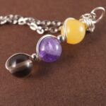Close-up of Sagittarius necklace showing yellow chalcedony, amethyst, and smoky quartz beads.