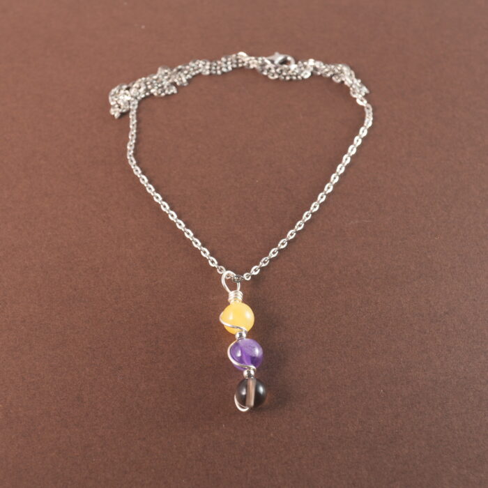 Sagittarius zodiac necklace with yellow chalcedony, amethyst, and smoky quartz gemstones.
