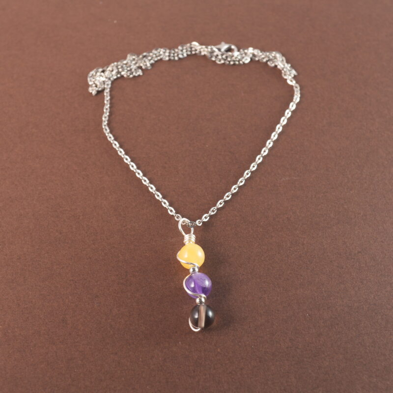 Sagittarius zodiac necklace with yellow chalcedony, amethyst, and smoky quartz gemstones.