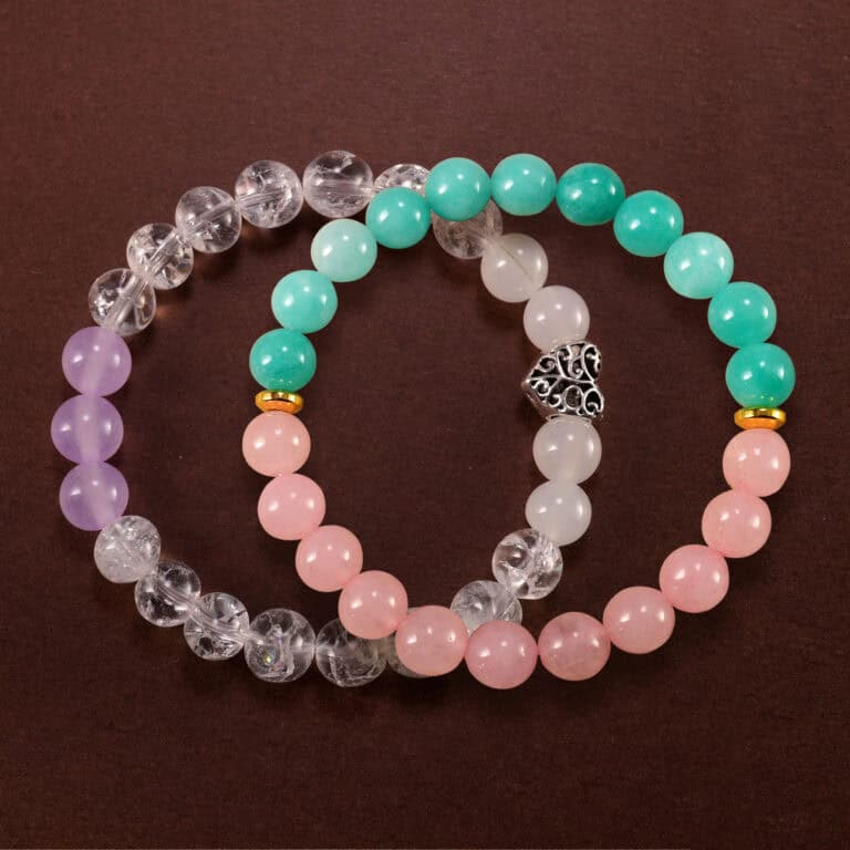 Main image of stacked gemstone bracelets in purple, pink, and aqua tones.