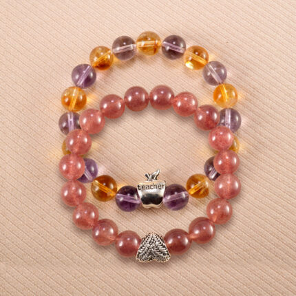 Main image of stacked ametrine and strawberry quartz bracelets with S925 silver.