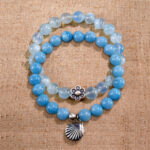 Main image showing stacked bracelets of blue chalcedony and aquamarine.