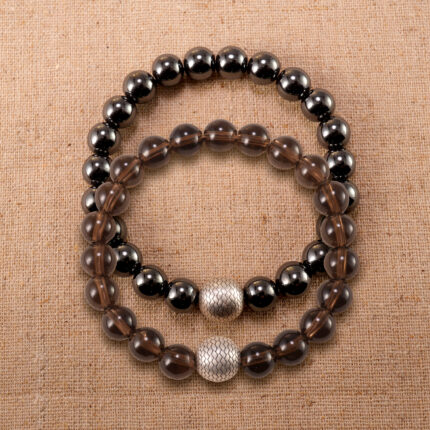 Main image of stacked hematite and smoky quartz bracelets with S925 silver.