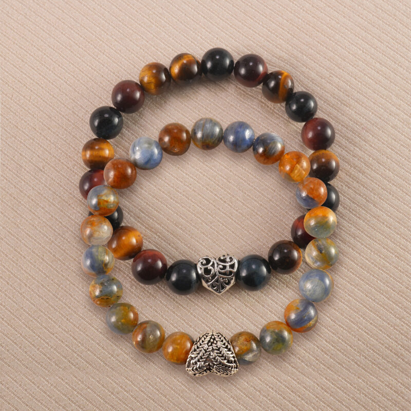 Main image of stacked kyanite and tiger eye bracelets with S925 silver.