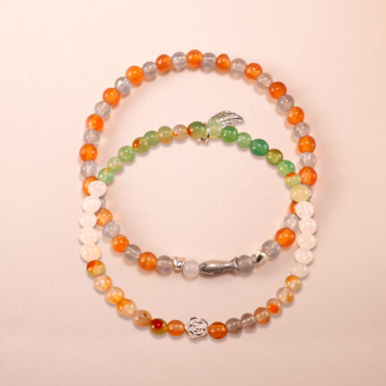 Main image of stacked orange, gray, and yellow-green gemstone bracelets.
