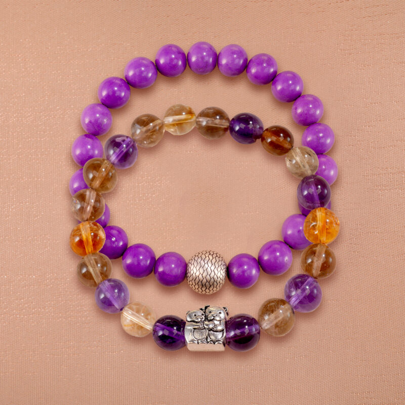 Main image showing stacked phosphosiderite and ametrine bracelets as a set.