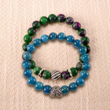 Main image of stacked ruby in zoisite and blue apatite bracelets with S925.
