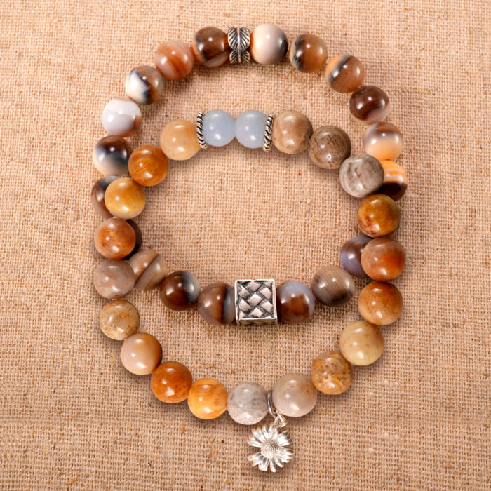 Main image of stacked bracelets: striped agate and picture jasper with blue chalcedony.