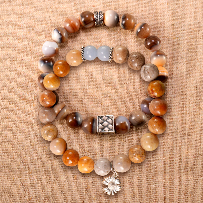 Main image of stacked bracelets: striped agate and picture jasper with blue chalcedony.