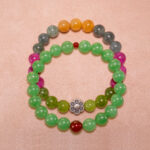 Main image showing stacked bracelets of tourmaline and aventurine-red agate mix.