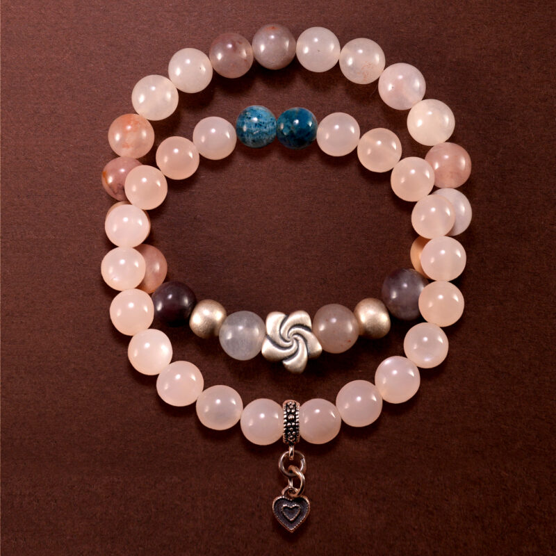 Main image of stacked white moonstone, blue apatite, and aventurine bracelets with S925.