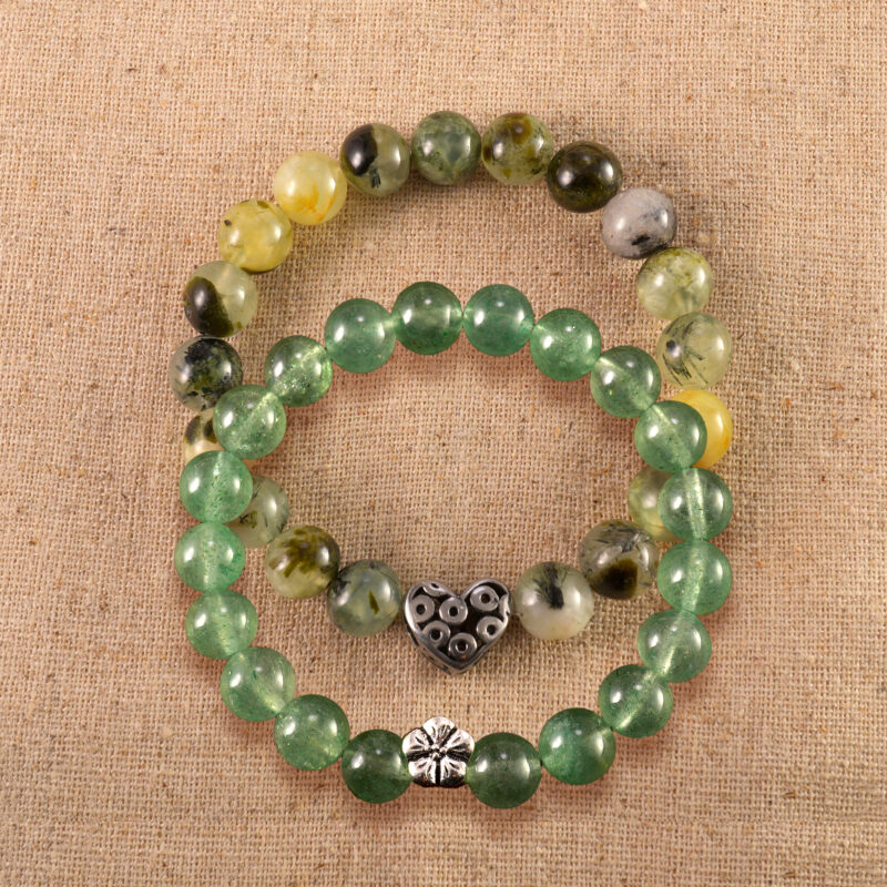 Main image of stacked moss agate and prehnite bracelets with S925 silver.
