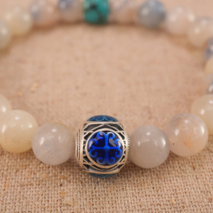 Close-up of turquoise, white and blue chalcedony bracelet.