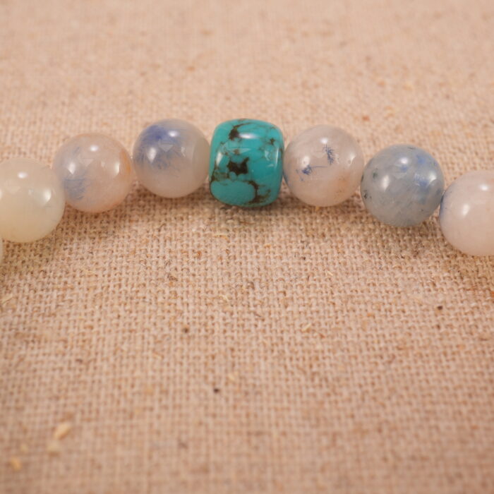 Close-up of turquoise, white and blue chalcedony bracelet.