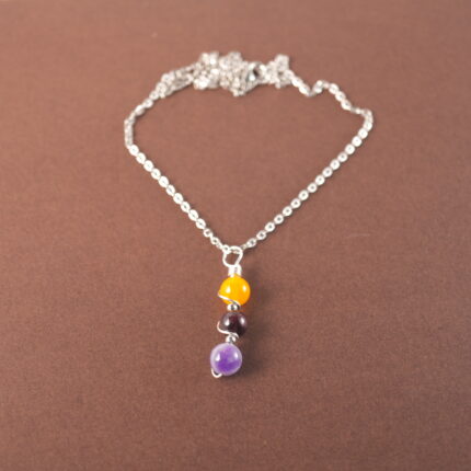 Virgo zodiac necklace with yellow agate, garnet, and amethyst gemstones.