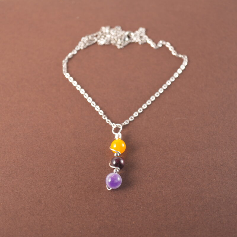 Virgo zodiac necklace with yellow agate, garnet, and amethyst gemstones.