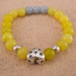 Close-up of yellow jade and blue chalcedony bracelet with S925 silver.